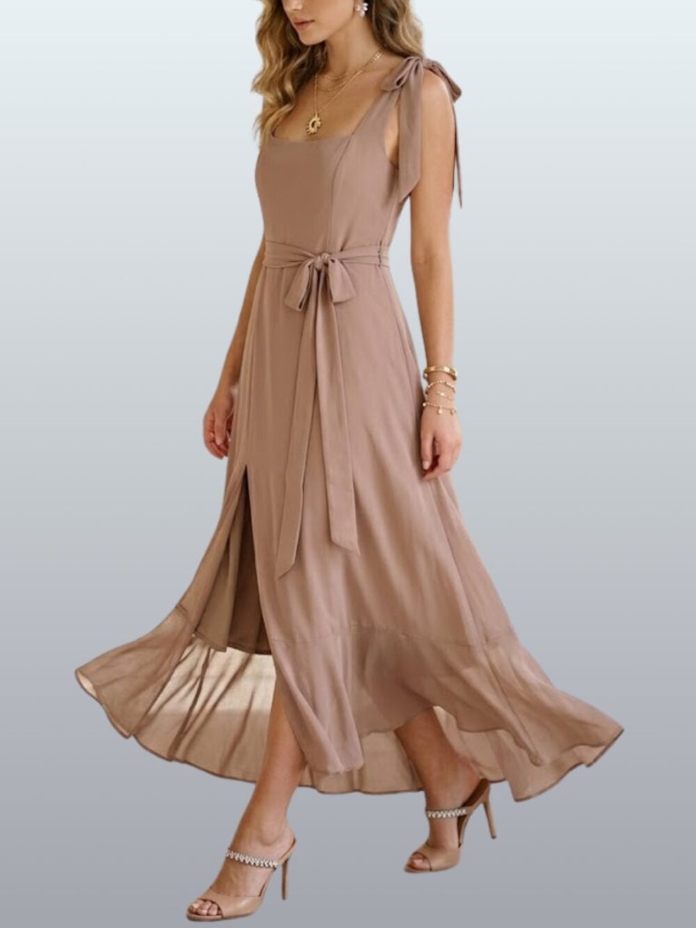 Show Me Your Mumu Taupe Chiffon Maxi Dress L Tie Detail Slit Romantic Bridal NWT